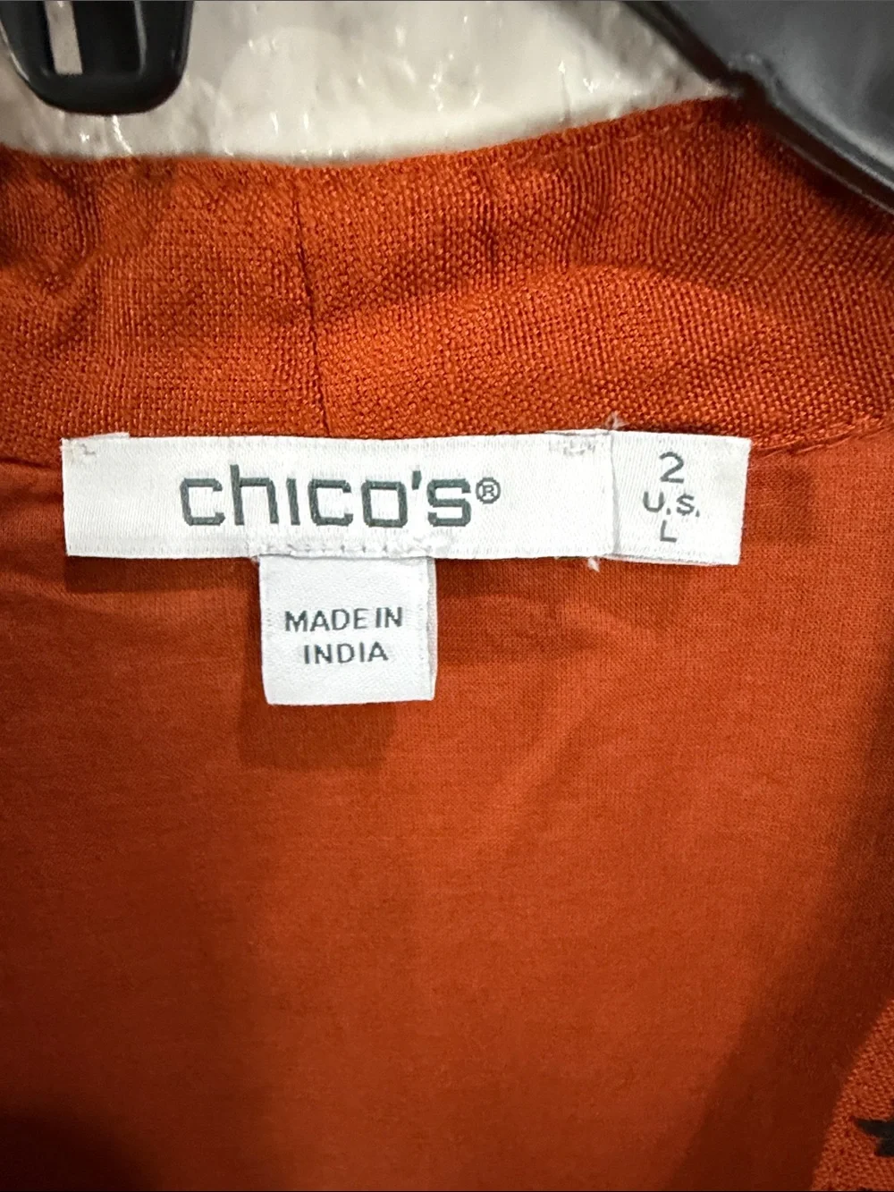 Chico's Burnt Orange Open Embroidered Cardigan with Black Motifs,Size L
